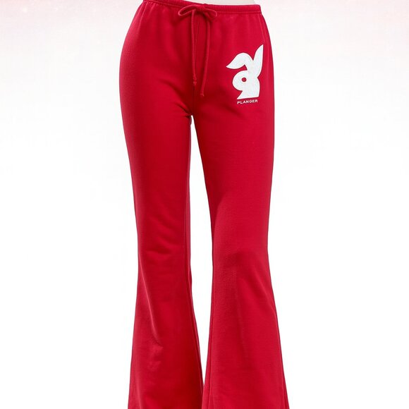 playgirlz Pants - Playgirlz Vintage Pants Red 90s Y2K Bunny Logo Casual PJ Relaxed Red Wide Leg